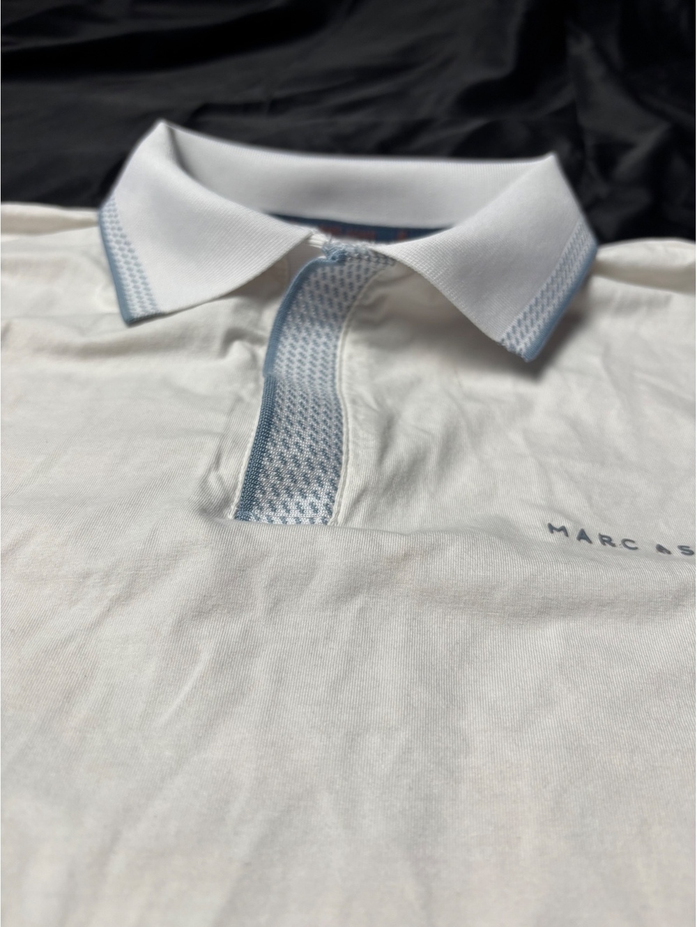 Marc Asher White Polo Shirt with Light Blue Trim, Size M